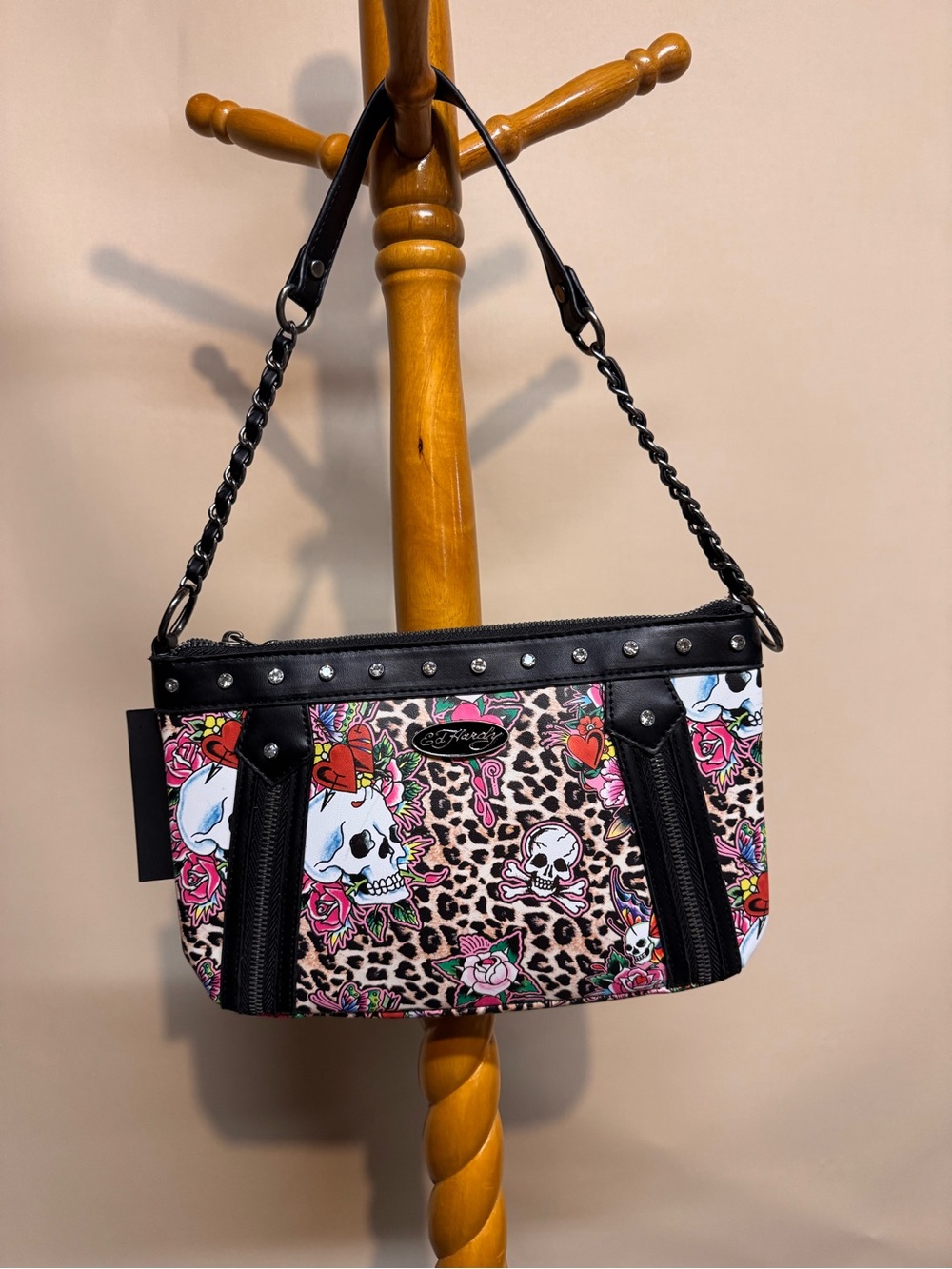 Ed Hardy Black Leopard Skull & Rose Chain Shoulder Bag
